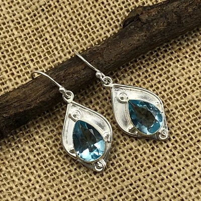 Sky Blue Topaz Gemstone Drop/Dangle Earrings 925 Sterling Silver Indian Jewelry - Image 1 of 4