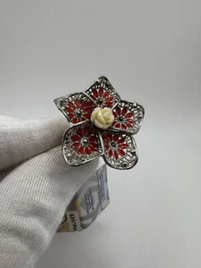 Sterling Silver 925 Massive Big Women's Ring 8.05g Enamel Red 7.0 size and Big - Picture 1 of 11