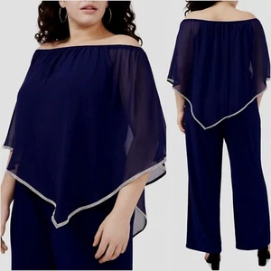 MSK Navy Rhinestone Embroidered Cape Off Shoulder Dressy Jumpsuit XL - Picture 1 of 9