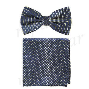 Men's Pre-tied Bow Tie & hankie set Herringbone pattern navy blue yellow formal - Picture 1 of 4