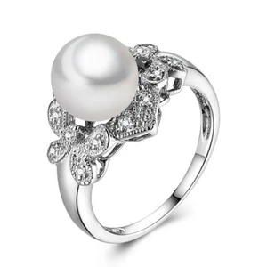 Round 11mm Pearl Diamonds Luxurious Generous Special Ring Solid 14k White Gold - Picture 1 of 9
