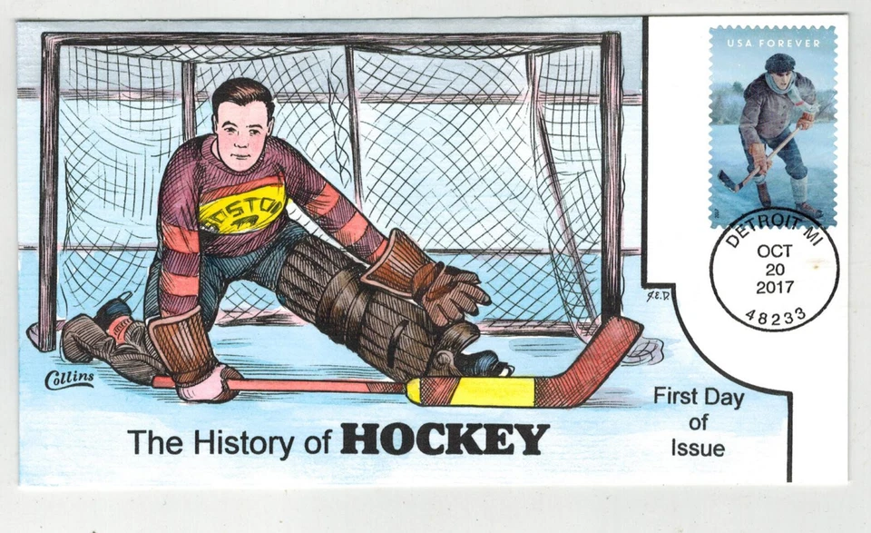 2017 COLLINS HANDPAINTED 525E HISTORY OF VINTAGE HOCKEY MICHIGAN CANCEL - Image 1 of 1