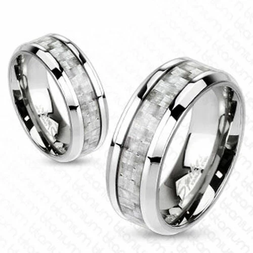 Solid Titanium Silver Carbon Fiber Striped Wedding Band Ring Size 5-13 - Image 1 of 1