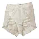 High Rise Waist White Jean Denim Shorts Ultra Distressed Destroyed Ripped Size 3
