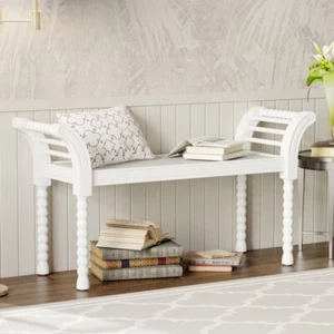 Wooden Bed End Bench with Turned Legs Retro Bench for Bedroom Living Room, White - Picture 1 of 39