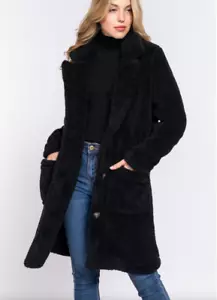NEW Soft Faux Fur Notched Collar Patch Pocket Sherpa Coat- Button Front- S-M-L - Picture 1 of 10