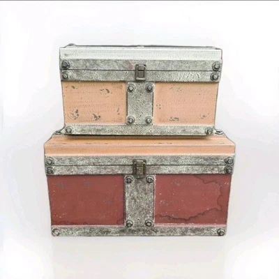 Vintage Wooden Trunk Chest Storage Organiser Treasure Chest Pair - Image 1 of 4