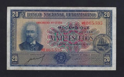 PORTUGAL  MOZAMBIQUE 20 Escudos 1937  P-74  XF-AU - Image 1 of 2