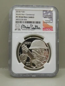 2018-P WWI CENTENNIAL PROOF COMMEMORATIVE DOLLAR NGC PF70 ULTRA CAM CASTLE - Picture 1 of 4