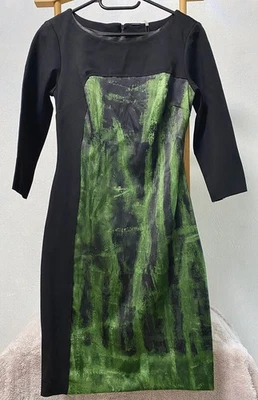 Elie Tahari Luxe Green Abstract Bodycon Dress Leather Trim US 2 - Image 1 of 4