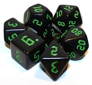 Juego de 7 Piezas Dados Poliédricos Negro Caos - Fuente Gótica Verde - Bolsa de Dados Verde - Imagen 1 de 2