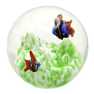 Tropical Fish Swimming Over Seascape GLASS Ball Paperweight Controlled Bubbles - Picture 1 of 23