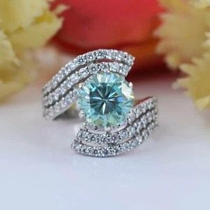 Supeb Design 18k White Gold Fn 2.96 CT Round Blue Moissanite Gorgeous Ring - Picture 1 of 6