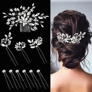 10pcs Silver Hair Pins Bridal Hair Accessories Set Rhinestone Exquisite Cryst... - Picture 1 of 6