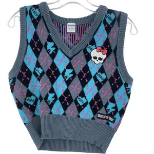 Monster High Girls' Blue Black Gray Argyle Print Cropped Sweater Vest - Picture 1 of 4