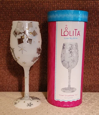 Lolita Love My Wine "Silver Snowflake, Too"  Wine Glass Hand Painted 15 oz Box - Image 1 of 4