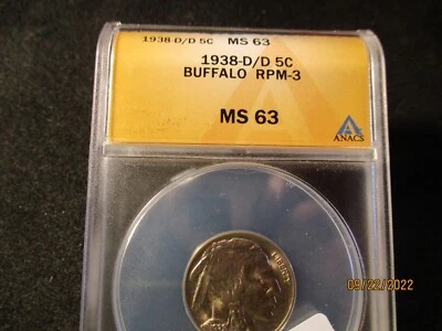 1938-D BUFFALO NICKEL RPM D OVER D RPM-3 ANACS MS 63   213 - Image 1 of 3