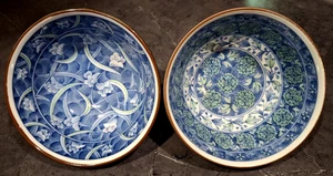 Paar japanische Porzellan Reis Suppe Nudel Schalen blau grün weiß Blumen Japan - Bild 1 von 13