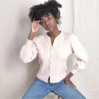 Vintage Adele Joyce Pink Cable Knit Beaded Cardigan Lambswool Size M — 第 1/4 张图片