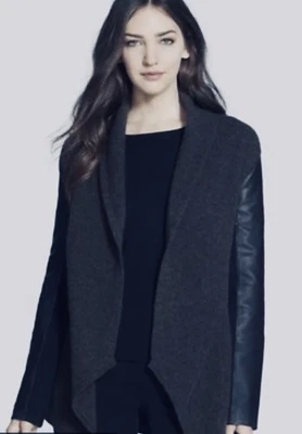 Cárdigan suéter negro talla grande Eileen Fisher mangas de cuero turba lana de cordero Foto 1 de 4