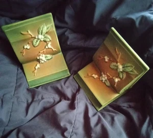 VINTAGE 1940's ROSEVILLE Pottery Snowberry GREEN Bookends IBE HEAVY - Picture 1 of 8