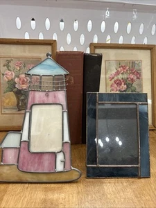 2 Stained Glass Picture Frames Lighthouse And Ocean Blue Beach Coastal Nautical - Picture 1 of 7