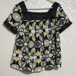 Kikit Square Neck Black White Geometric Floral Print Blouse Short Sleeve Top MM - Picture 1 of 4