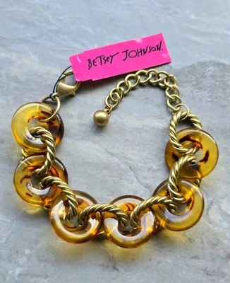 NEW BETSEY JOHNSON BRACELET CHUNKY LUCITE TORTOISE SHELL & GOLD ROPE RING LINKS - Image 1 of 4