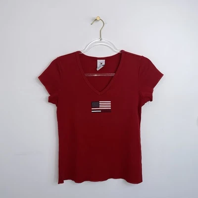 Tommy Hilfiger Jeans Vintage Años 90 Y2K Rojo Mujer Camiseta Talla M Micro Camisa Bandera Foto 1 de 4
