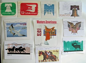 US Stamps 10 cut squares: Horses ELK Bells Eagles Seabiscuit Saddle Birds USED - Picture 1 of 1
