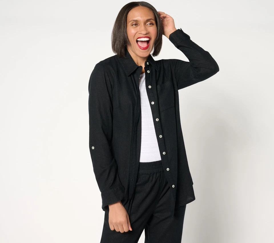 Denim & Co. Blusa túnica regular de linho mescla botão frontal preta M nova - Imagem 1 de 1