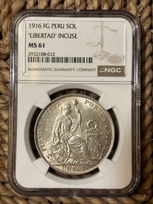 1916 FG Peru 1 Sol NGC MS61 Large Silver Coin Libertad Incuse - Image 1 of 3