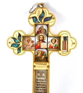 Wood CROSS Wall Hanging Christian 5 Icon s  Religious Gift - Picture 1 of 6