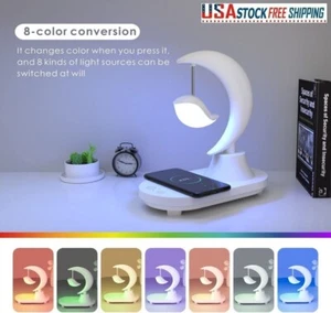 LED Night Light Music Bluetooth Speaker Bedside Lamp Clock Wireless Charging - Picture 1 of 16