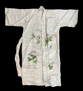 VTG 100% Silk Chinese Hand Painted Long Robe Kimono White Floral Multicolor OS - Picture 1 of 16