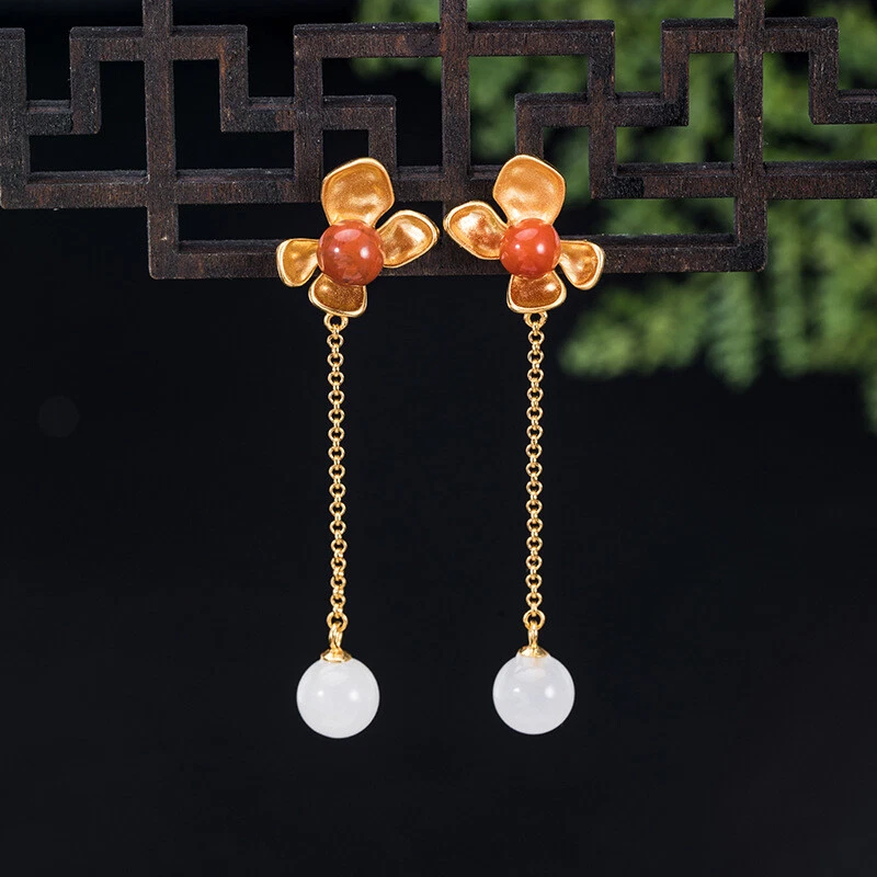 I04 Orecchini Fiore con Rosso Agata Sfera Di Bianca Giada Argento 925 Dorato - Immagine 1 di 4