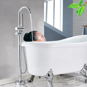 Free Standing Floor Mounted Tub Faucet Swivel Spout Bathtub Filler Faucet - Picture 1 of 9