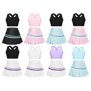 Kids Girls Crop Top With Skirt Cross Back Activewear Summer Sportswear Set Mini - Picture 1 of 83