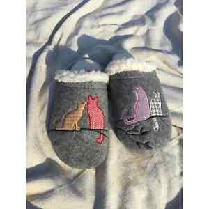 Lands’ end womens cat felt scuff slippers faux fur wool gingham sherpa size 7B 7