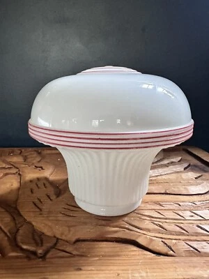 Vintage Atomic MCM Schoolhouse Red Stripe ~ Milk Glass Mushroom Pendant - Image 1 of 4