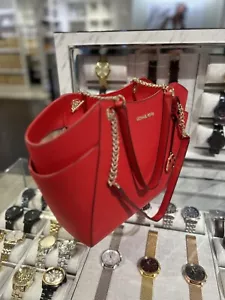 Michael Kors Lady Large Chain Shoulder Tote Leather Handbag Bag Purse-Bright Red - Picture 1 of 17