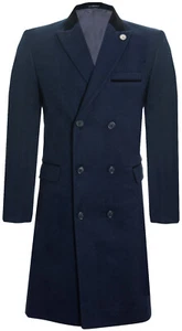 Mens 3/4 Long Double Breasted Navy Overcoat Wool Coat Peaky Blinders - Picture 1 of 5