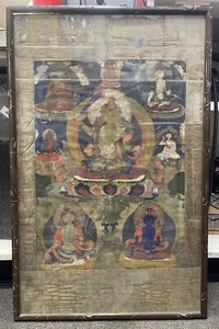 Antiguo Thangka tibetano con deidad central rodeado de otros - Imagen 1 de 8