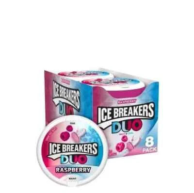 ICE BREAKERS DUO Raspberry Flavored Sugar Free Breath Mints 1.3 oz Tins, 8 Count