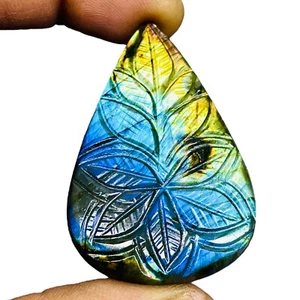 98.65 Cts Natural Carved Labradorite 55x34mm Pear Flashy Pendant Size Gemstone - Picture 1 of 8