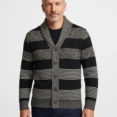 Cárdigan suéter a rayas oscuro con cuello chal Express M para hombre academia  Foto 1 de 4