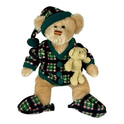 Animal Adventure Plush Teddy Bear & Baby Plaid Fleece PJs Slippers Hat 14” 2008 - Image 1 of 4