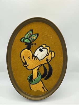 Disney Pluto Mint Embroidery Wall Art Framed 1970-80’s On Satin Velvet - Image 1 of 3