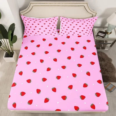 Juego de cama Kawaii rosa fresa - Sábana bajera para mujer, niña, habitación de niños... Foto 1 de 4
