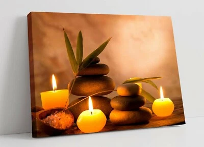 ZEN STONE STACKS & CANDLES -DEEP FRAMED CANVAS WALL ART PICTURE PAPER PRINT- - Image 1 of 4